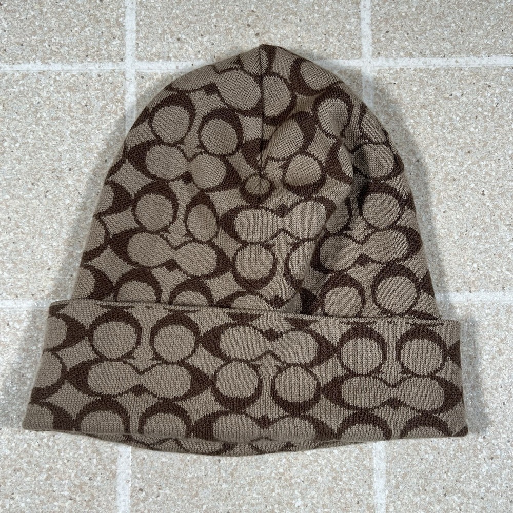 Coach Signature C Knit Beanie Hat Brown Lana Wool  Unisex